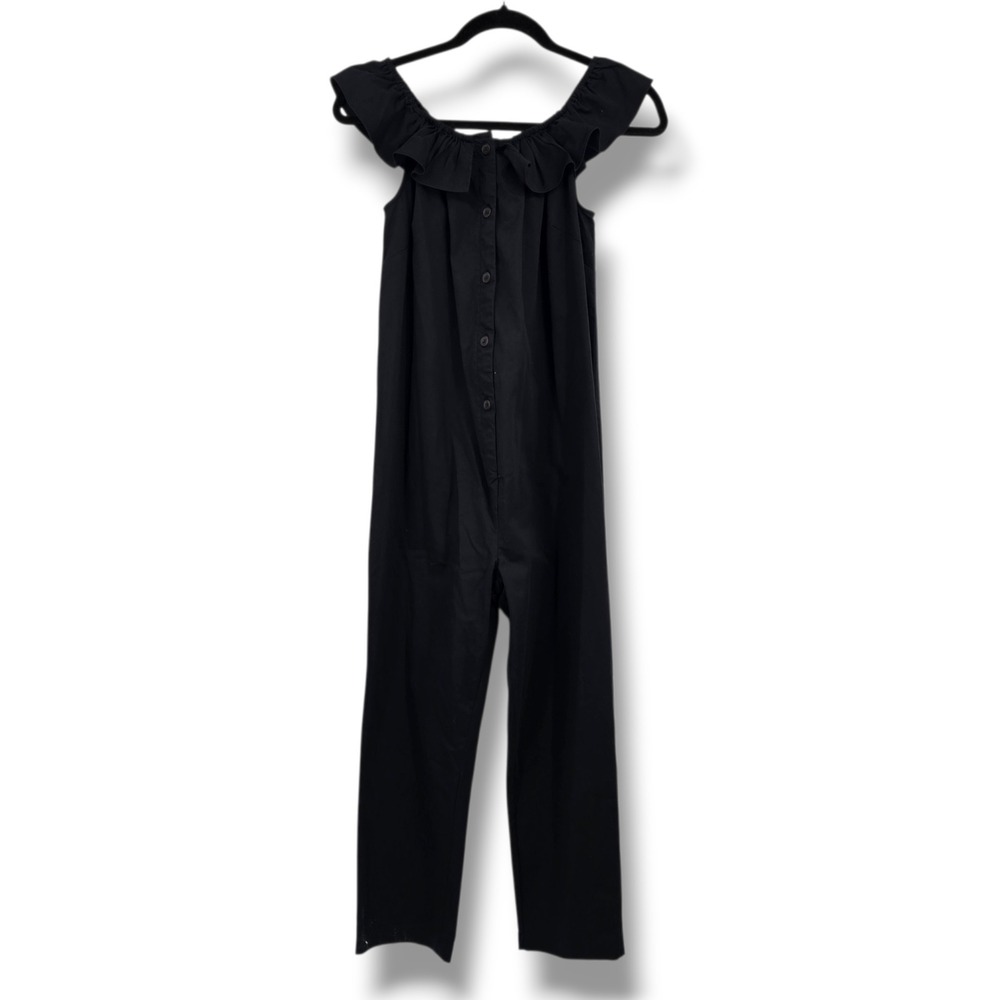 The Nines by Hatch Black Ruffle Neck Button‎ Front Maternity Jumpsuit Womens XS